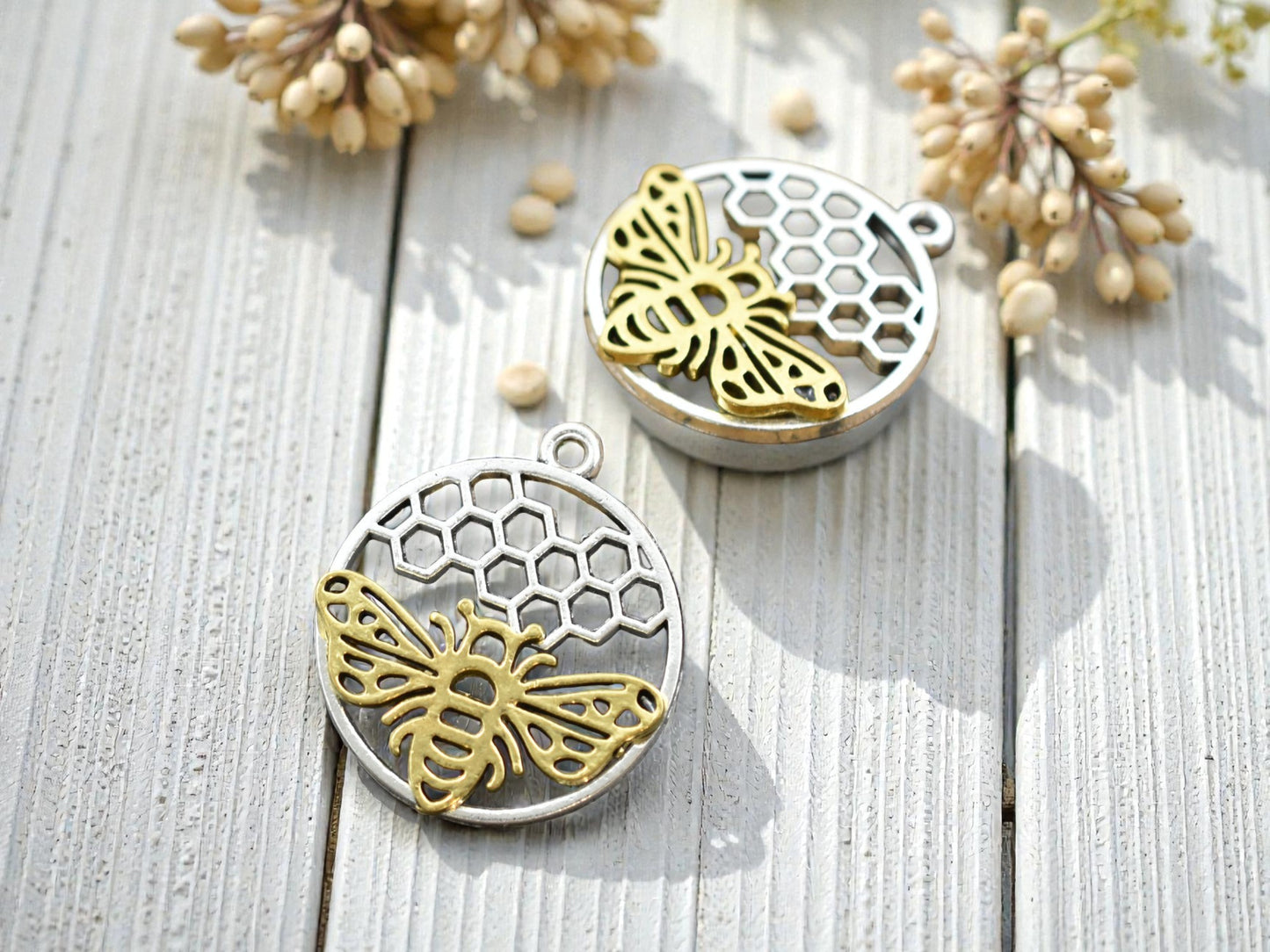 *5* 29x25mm Silver & Gold Bee Honeycomb Charms