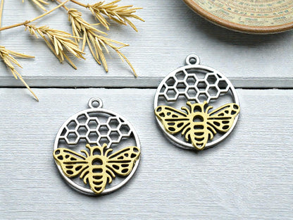 *5* 29x25mm Silver & Gold Bee Honeycomb Charms