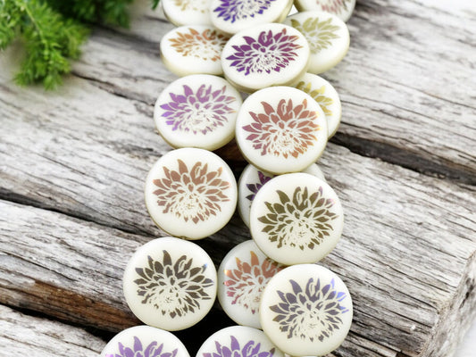 *8* 17mm Opaque Ivory Sliperit Laser Etched Dahlia Coin Beads