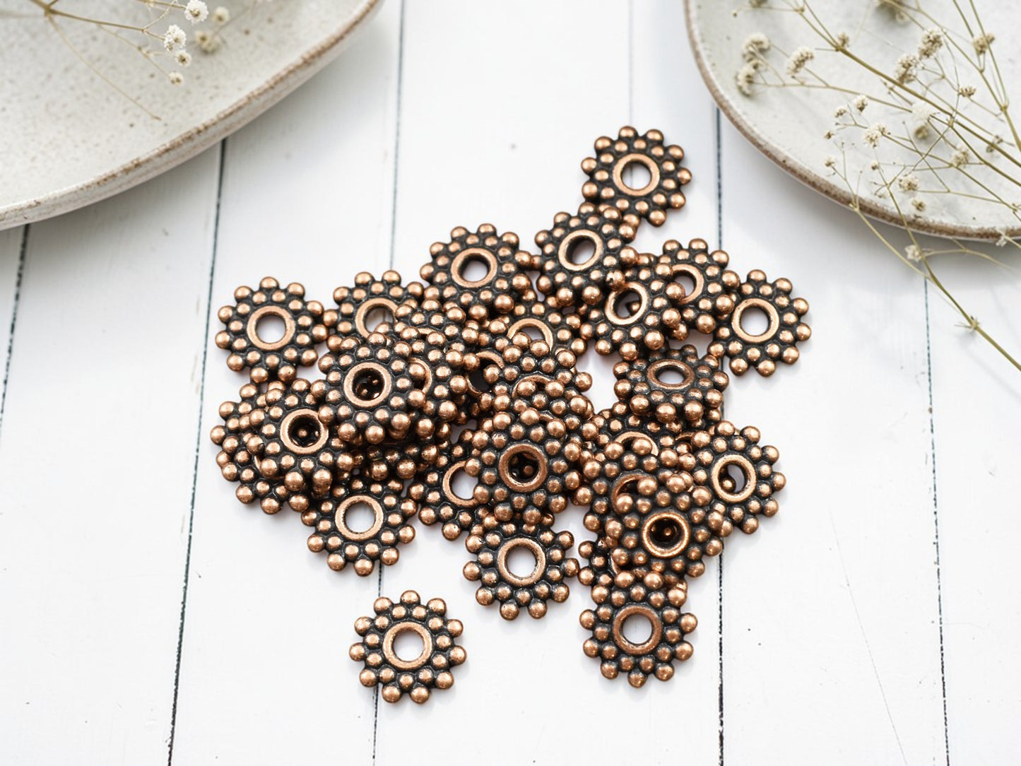 *100* 9mm Antique Copper Snowflake Daisy Spacer Beads