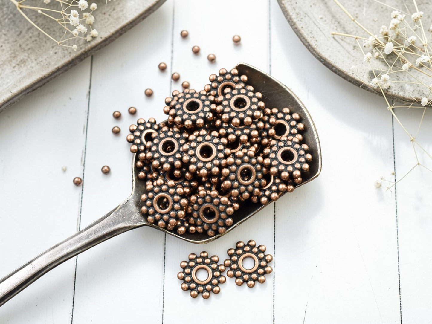 *100* 9mm Antique Copper Snowflake Daisy Spacer Beads