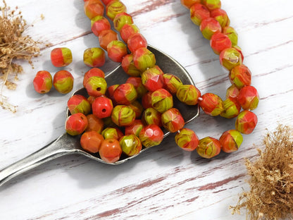 *25* 6mm Blended Gaspeite + Red Orange Fire Polished Round Beads
