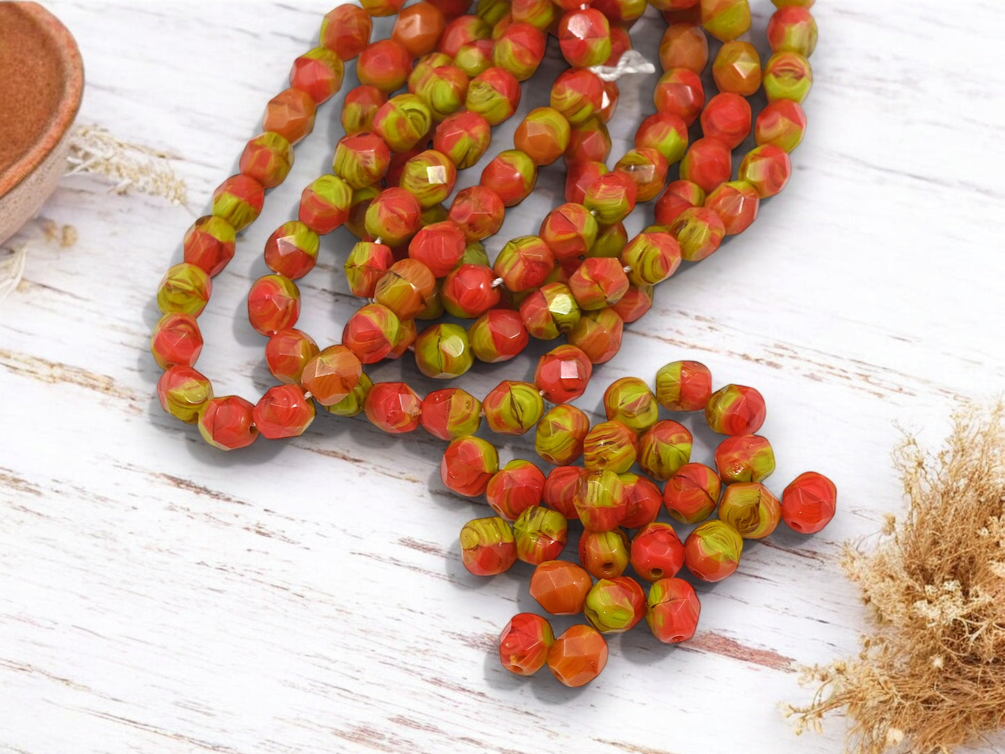 *25* 6mm Blended Gaspeite + Red Orange Fire Polished Round Beads