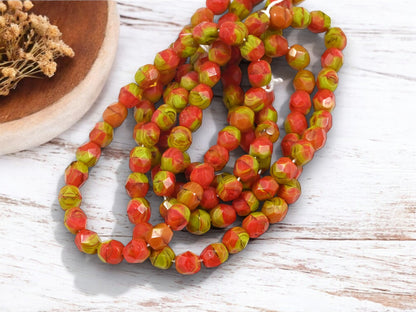 *25* 6mm Blended Gaspeite + Red Orange Fire Polished Round Beads