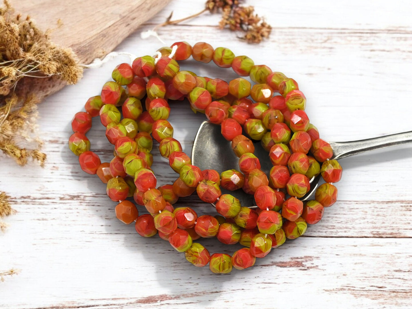 *25* 6mm Blended Gaspeite + Red Orange Fire Polished Round Beads