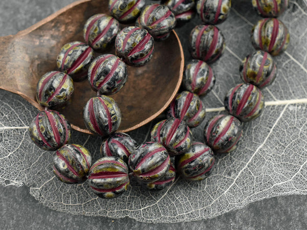 Red Washed Jet Picasso Round Melon Beads