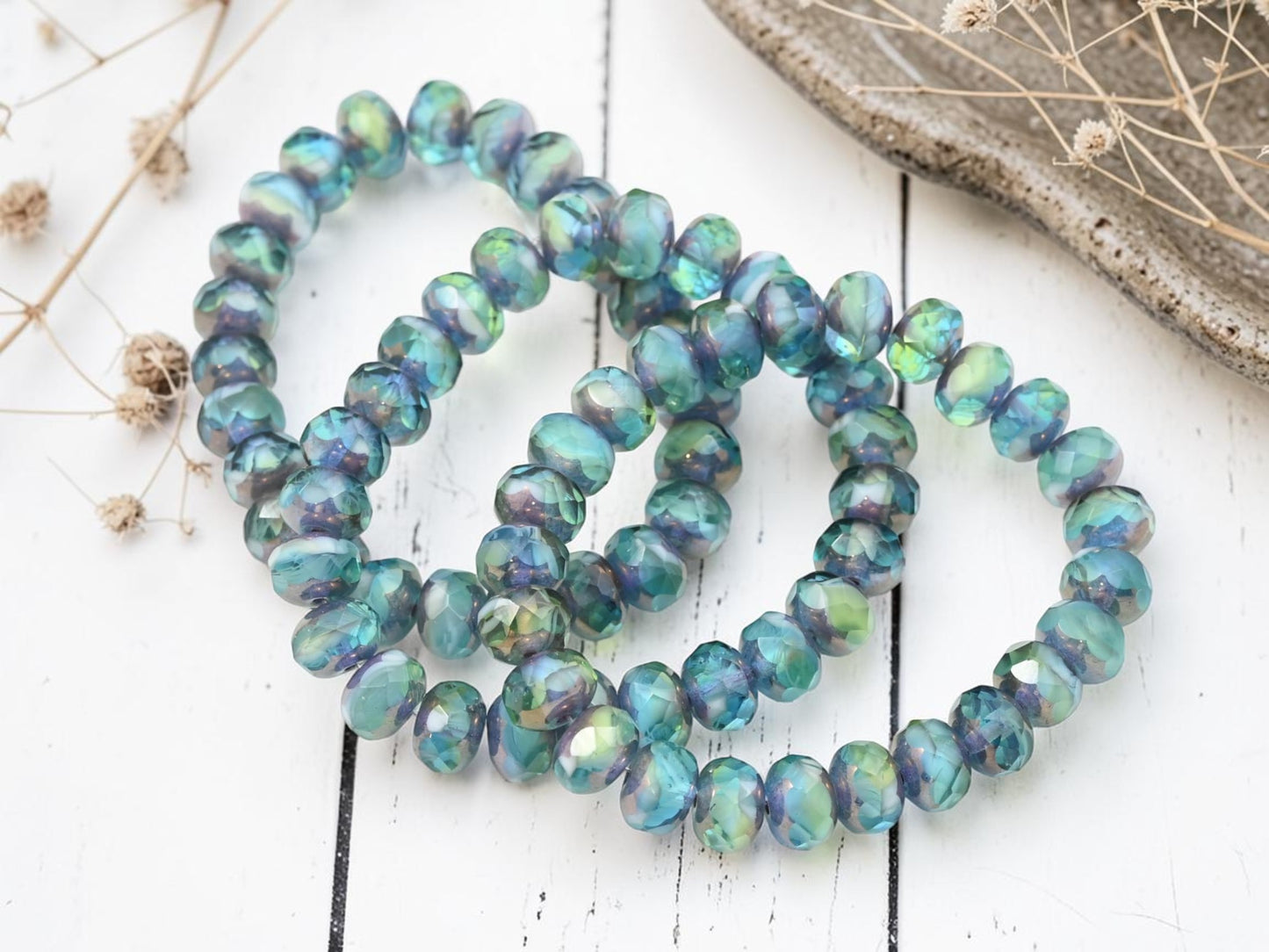 *25* 6x8mm Purple Bronze Washed Blended Peruvian Blue Opal Mix Fire Polished Rondelle Beads