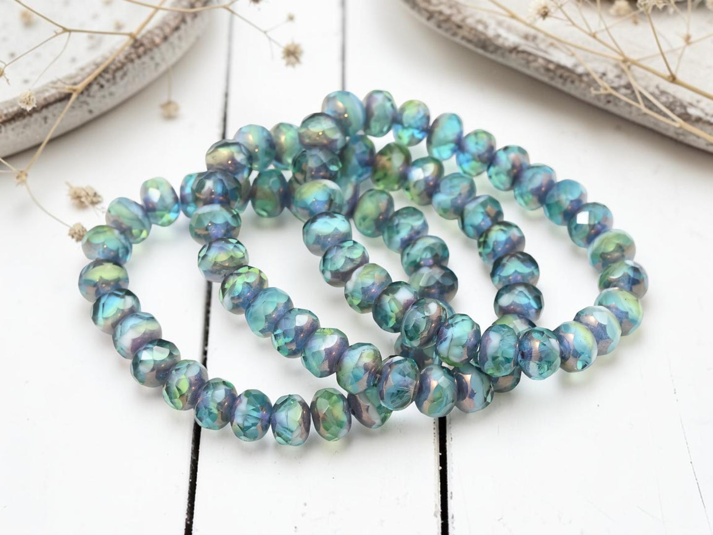 *25* 6x8mm Purple Bronze Washed Blended Peruvian Blue Opal Mix Fire Polished Rondelle Beads