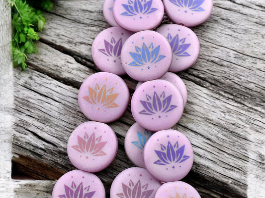 *8* 17mm Matte Opaque Pink Silk Sliperit Laser Etched Lotus Coin Beads