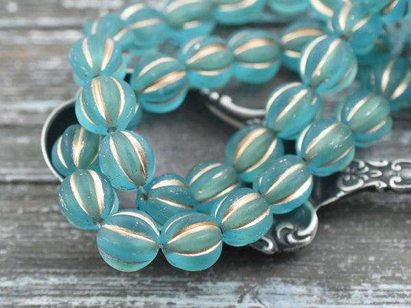 Gold Washed Matte Aqua Round Melon Beads -- Choose Your Size