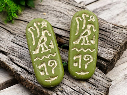 *6* 25x10mm Gold Washed Matte Olive Green Egyptian Cartouche Oval Beads