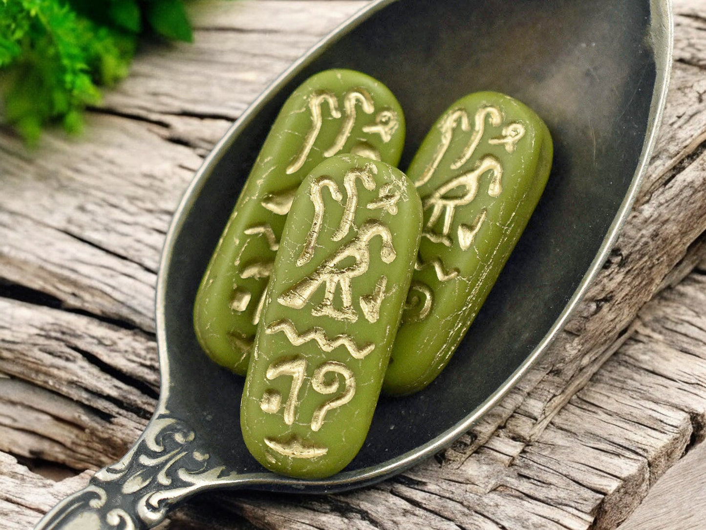 *6* 25x10mm Gold Washed Matte Olive Green Egyptian Cartouche Oval Beads