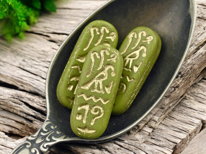 *6* 25x10mm Gold Washed Matte Olive Green Egyptian Cartouche Oval Beads