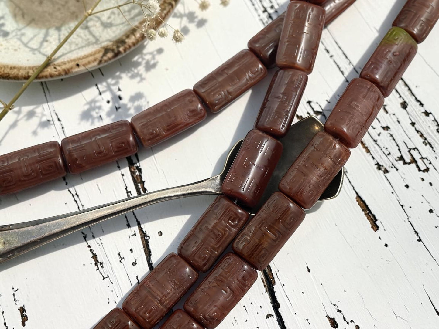 *9* 22x12mm Cinnamon Brown Silk Greek Key Rectangle Beads