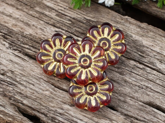 *6* 18mm Gold Wash Ruby Red Daisy Flower Beads