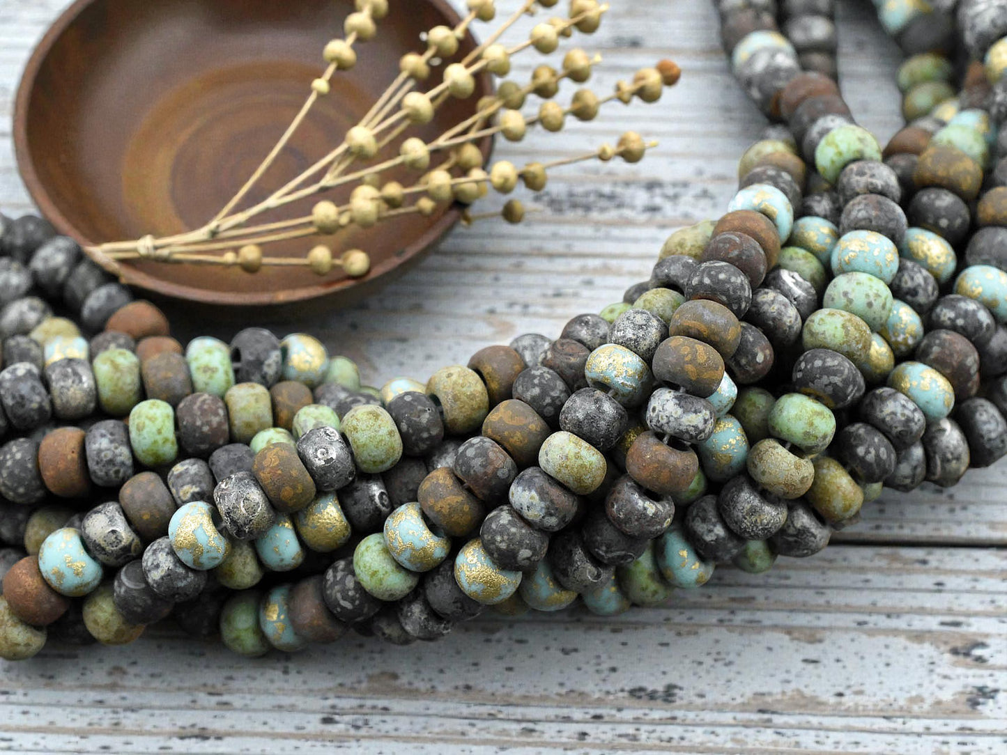 2/0 Aged Matte Jade Jeweled Metallic Mix Seed Beads (20" Strand)
