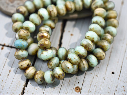 *25* 6x8mm Blended Light Turquoise & Ivory Picasso Fire Polished Rondelle Beads