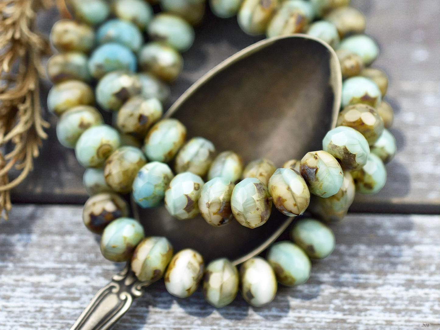 *25* 6x8mm Blended Light Turquoise & Ivory Picasso Fire Polished Rondelle Beads