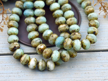 *25* 6x8mm Blended Light Turquoise & Ivory Picasso Fire Polished Rondelle Beads