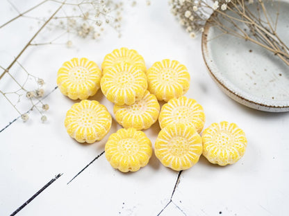 *10* 13mm White Washed Opaque Sunflower Yellow Sunflower Coin Beads