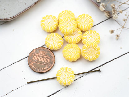 *10* 13mm White Washed Opaque Sunflower Yellow Sunflower Coin Beads