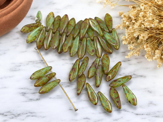 *25* 5x16mm Moss Green Opaline Picasso Dagger Beads