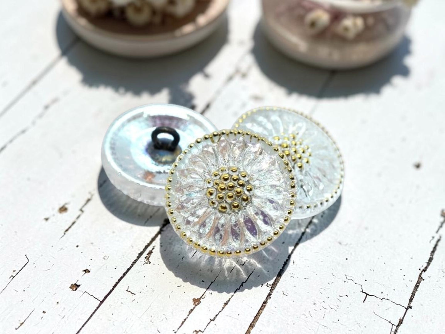 18mm Daisy Button Transparent Glass with AB + Gold Finish - Czech Glass Buttons