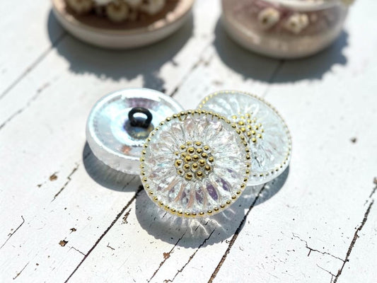18mm Daisy Button Transparent Glass with AB + Gold Finish - Czech Glass Buttons
