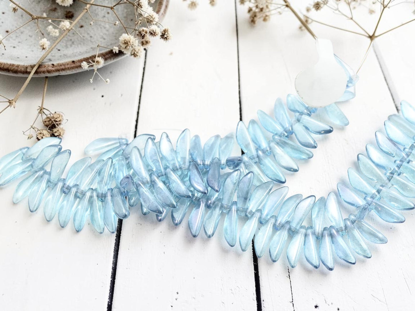 *50* 3x11mm Translucent Denim Blue Luster Wedged Dagger Beads