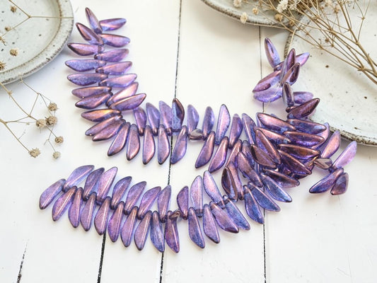 *50* 3x11mm Amethyst Gold Luster Wedged Dagger Beads