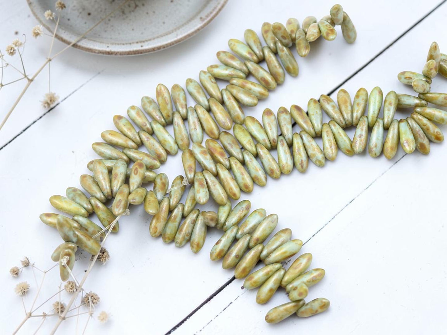 *50* 3x11mm Sage Green Picasso Dagger Beads