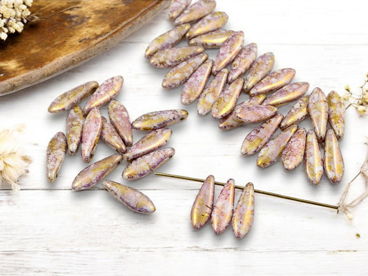 *25* 5x16mm Gold Lustered Alabaster Pink Picasso Dagger Beads