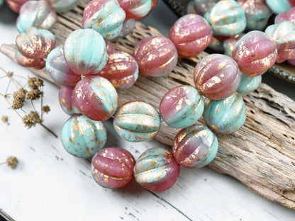 *15* 12mm Gold Washed Rose Pink & Turquoise Round Melon Beads