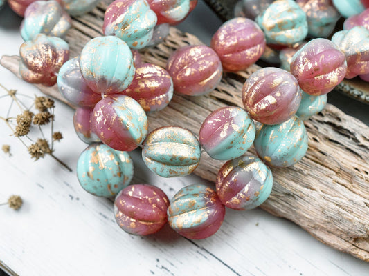 *15* 12mm Gold Washed Rose Pink & Turquoise Round Melon Beads