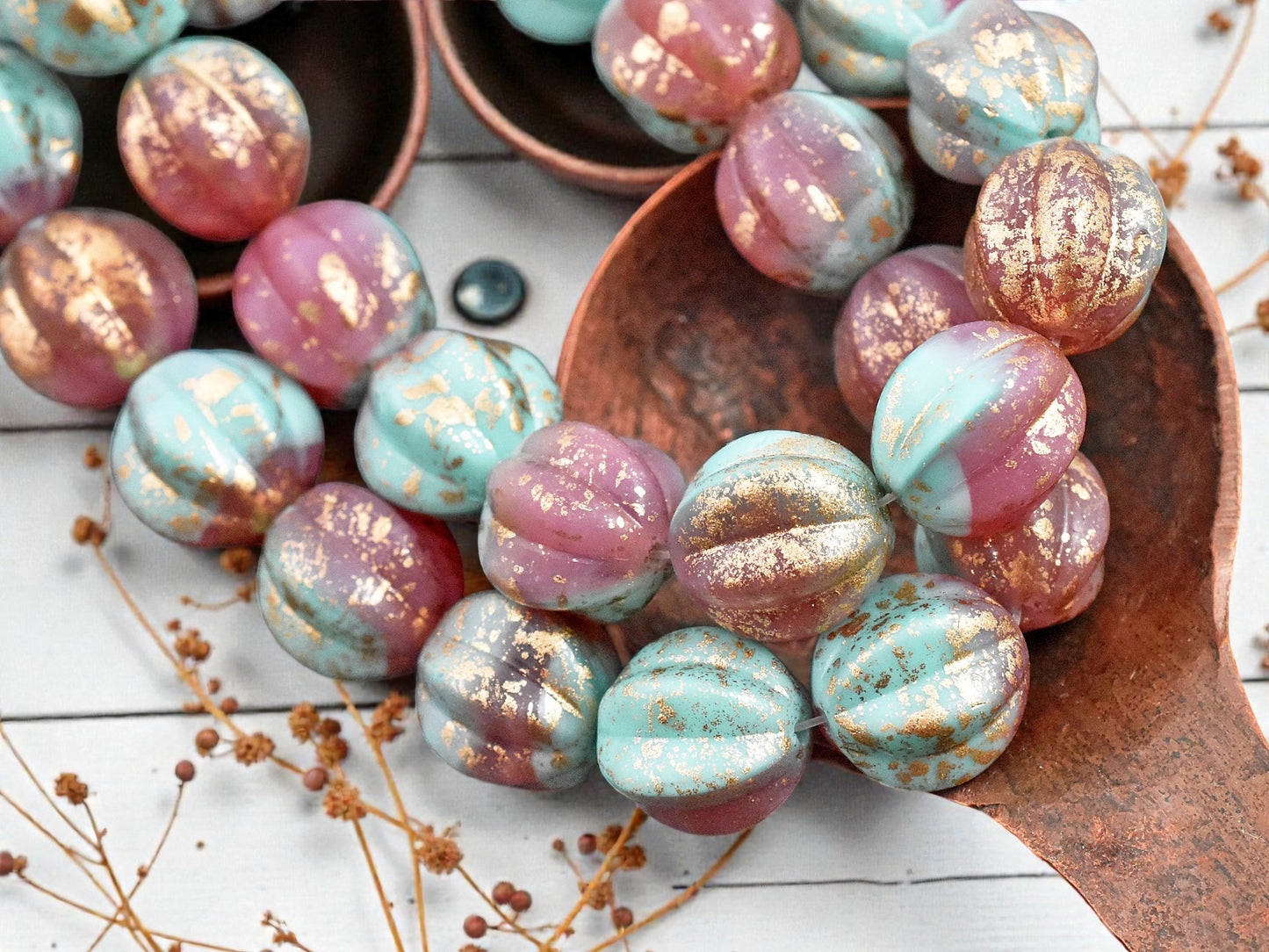 *15* 12mm Gold Washed Rose Pink & Turquoise Round Melon Beads