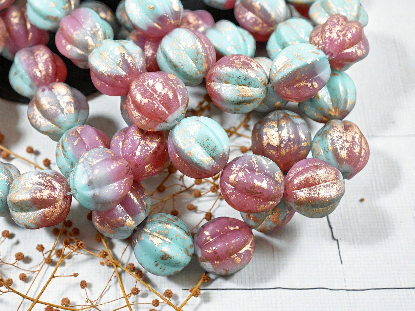 *15* 12mm Gold Washed Rose Pink & Turquoise Round Melon Beads