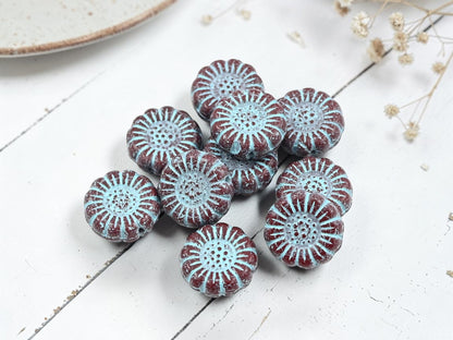 *10* 13mm Turquoise Washed Opaque Dark Red Sunflower Coin Beads