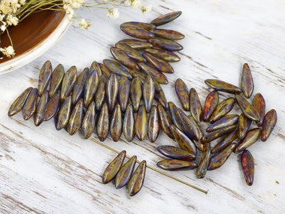 *25* 5x16mm Rustic Beige Opaline Blue Picasso Dagger Beads