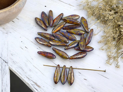 *25* 5x16mm Rustic Beige Opaline Blue Picasso Dagger Beads