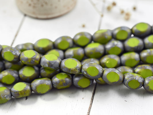 *19* 6x8mm Opaque Chartreuse Picasso Window Cut Oval Beads
