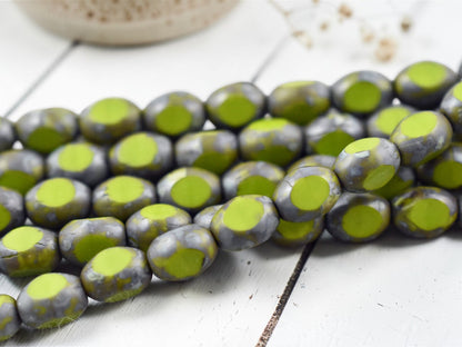*19* 6x8mm Opaque Chartreuse Picasso Window Cut Oval Beads