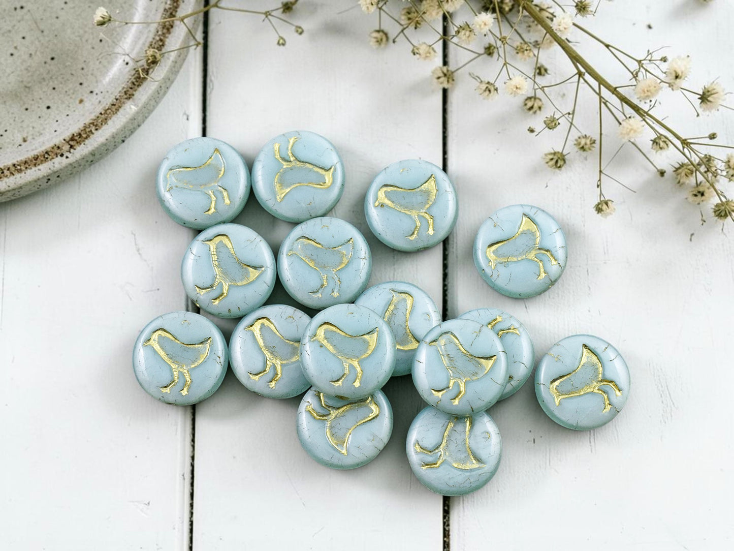 *15* 12mm Gold Washed Sky Blue Silk Bird Coin Beads