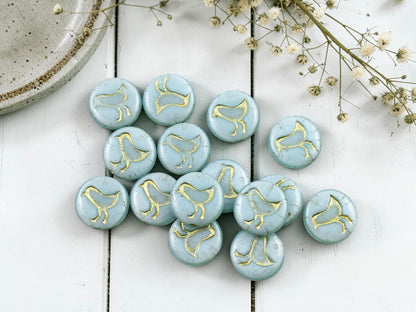 *15* 12mm Gold Washed Sky Blue Silk Bird Coin Beads