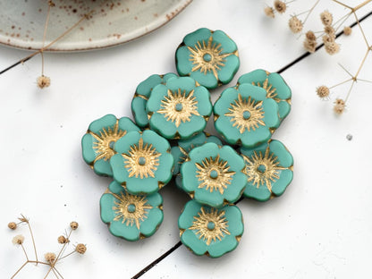 *12* 12mm Gold Washed Opaque Dark Turquoise Hawaiian Flower Beads