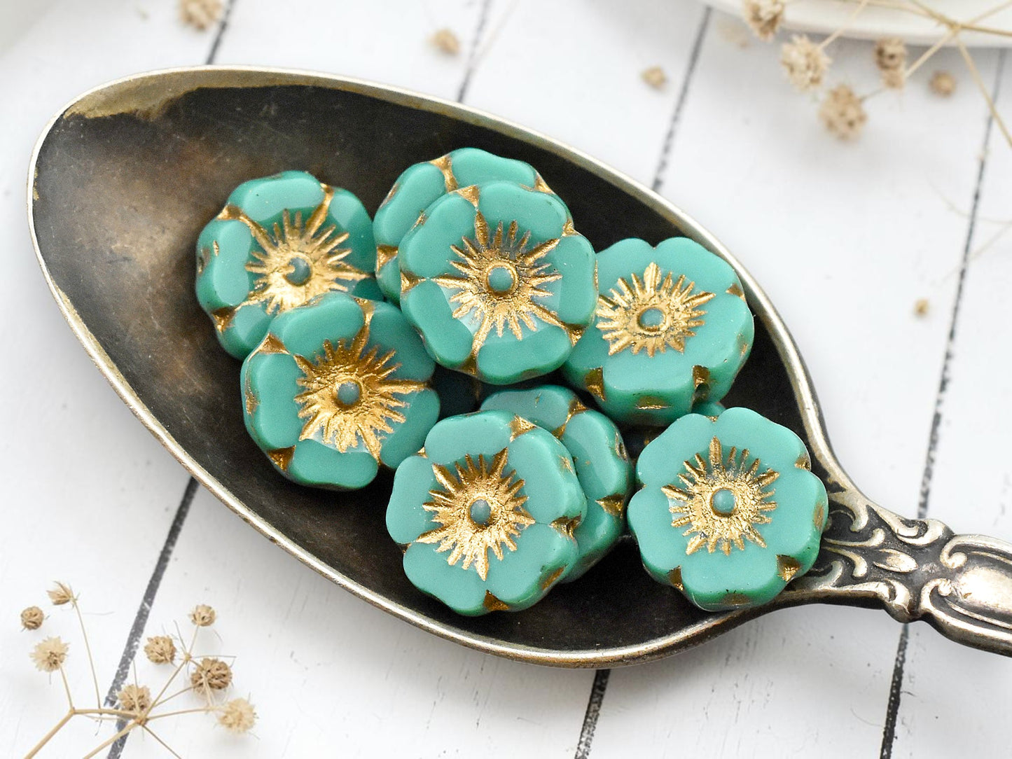 *12* 12mm Gold Washed Opaque Dark Turquoise Hawaiian Flower Beads