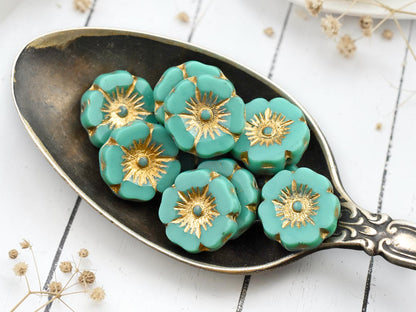 *12* 12mm Gold Washed Opaque Dark Turquoise Hawaiian Flower Beads