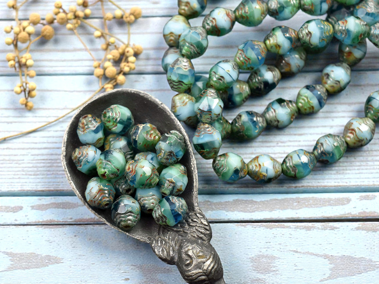 *15* 6x8mm Blended Turquoise Aqua Picasso Oval Cathedral Beads