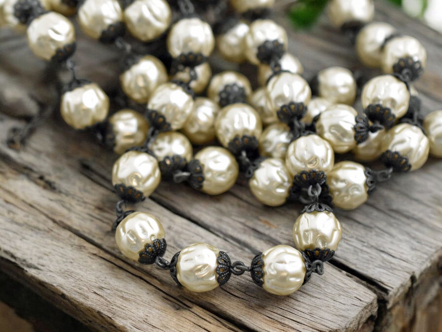 10mm Czech Glass Cream Baroque Pearl Chain w/Black Caps -- Sold by the foot