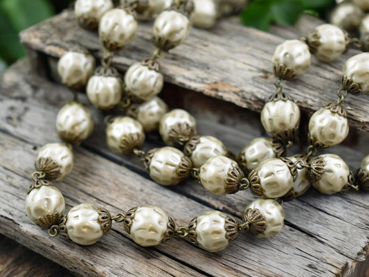 10mm Czech Glass Satin Taupe Baroque Pearl Chain with Antique Bronze Caps -- Sold by the foot