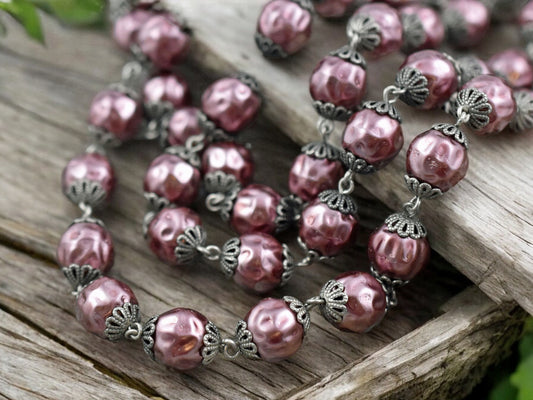 10mm Czech Glass Rose Pearl Chain with Antique Silver Caps -- Sold by the foot